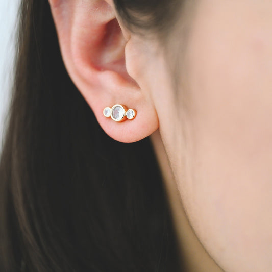 10pcs CZ Pave Trio Round Ear Posts 12x5.5mm, Gold Plated Brass Dainty Stud Earrings (GB-3765)