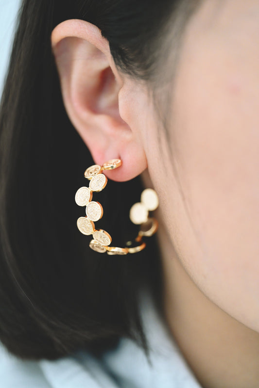 4pcs Gold Textured Disc Round Circle Ear Posts 33mm, Gold plated Brass, Geometric Hoop Stud Earrings (GB-3802)