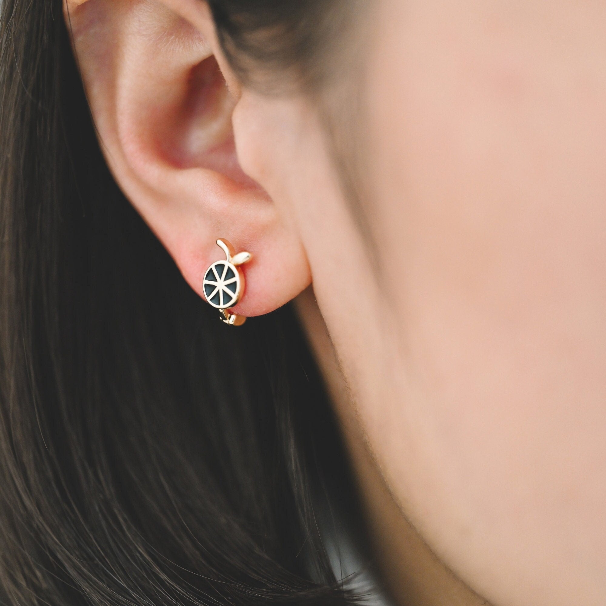 4pcs Gold Enamel Lemon Slice Hoop Earrings, 18K Gold plated Brass, Minimalist Orange Huggie Earrings (GB-3843-A)