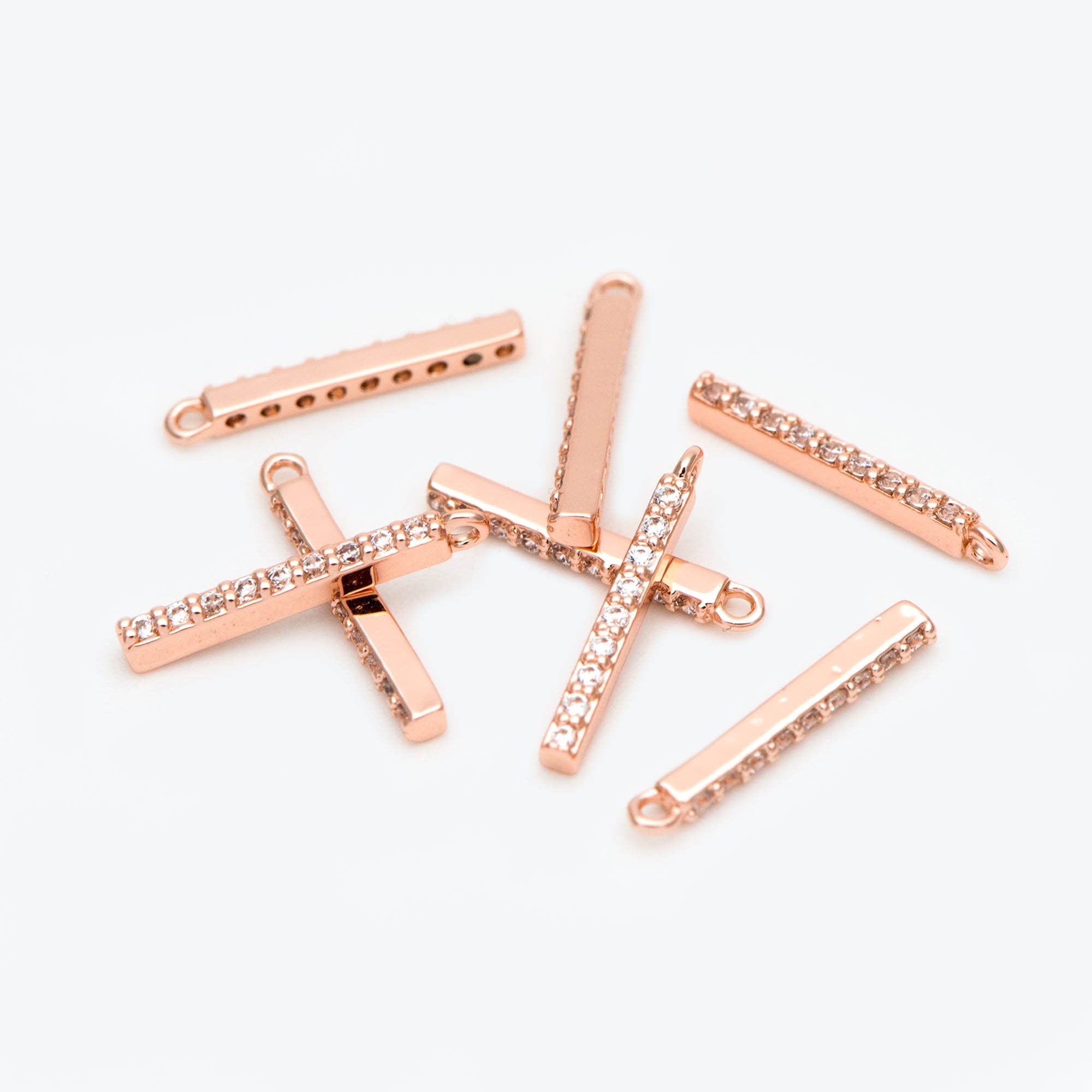 10pcs CZ Pave Gold/ Silver/ Rose Gold Bar Charms 13mm, Real Gold plated Brass, Cubic Zirconia Stick Charms (GB-996)