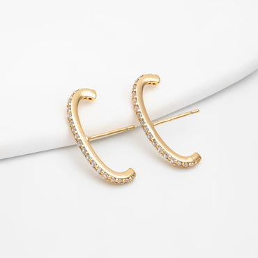 4pcs CZ pave Gold C Shaped Earrings, Gold Plated Brass Bar Stud Earrings (GB-4087)