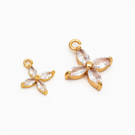 4pcs Gold CZ Flower Charm Pendants 10/ 14mm, Real Gold/ Rhodium plated Brass, Lead Nickel Free (GB-584-F)