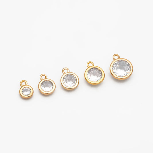 10pcs Gold Bezel Gemstone Charms 4.5/ 5.5/ 6/ 7.5mm, Real Gold plated Brass, Clear CZ Round Charms (GB-167)