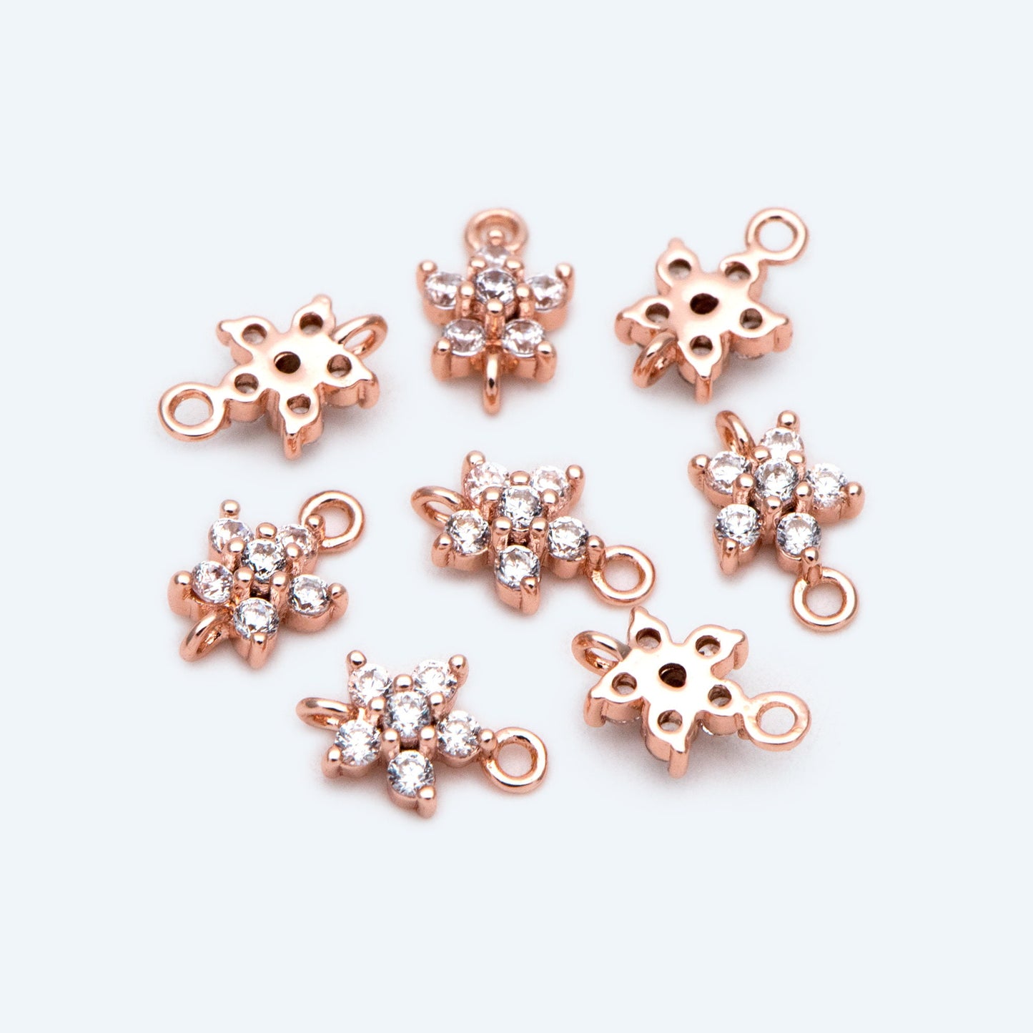 10pcs CZ Pave Gold/ Silver/ Rose Gold Flower Charm Pendants 8x5mm, Real Gold/ Rhodium plated Brass, Color Not Easily Tarnish (GB-3670-A)