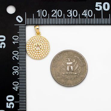 2pcs CZ Micro Pave Gold Round Charms 16x22mm, Hexagram Pattern Coin Necklace Pendants (GB-188)