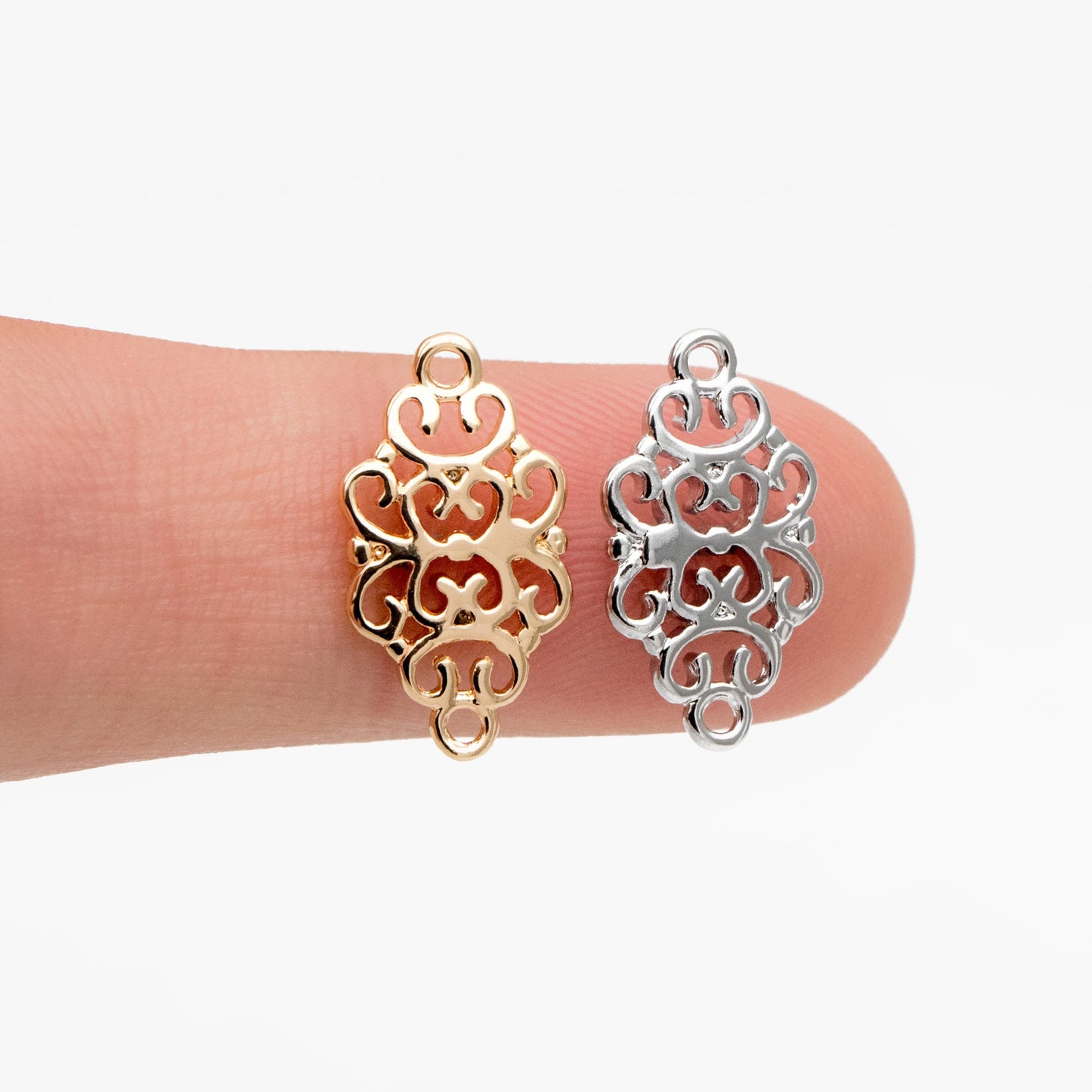 10pcs Gold /Silver Filigree Charms 17mm, Real Gold/ Rhodium plated Brass Floral Connectors with Loops (GB-191)