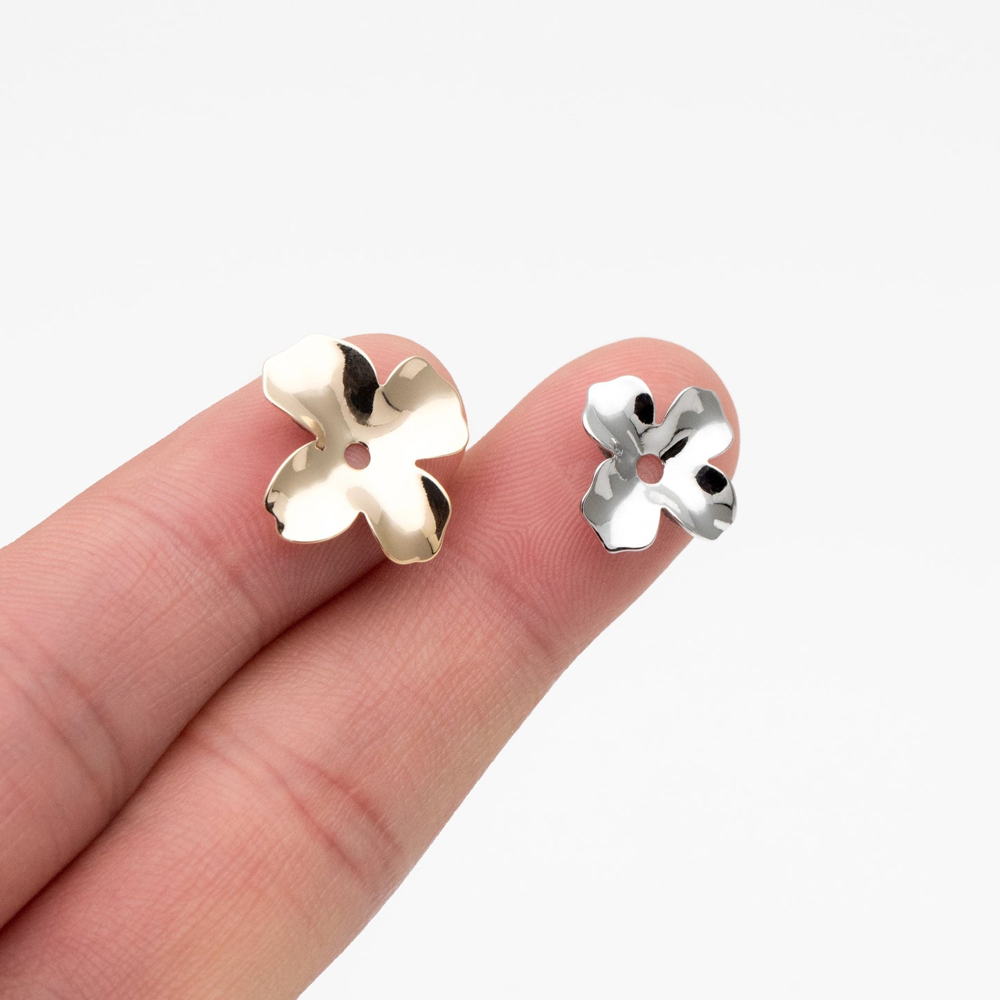 10pcs Gold/ Silver tone Flower Charms, Real Gold/ Rhodium plated Brass Bead Caps, Floral Disc Spacer Beads (GB-852)