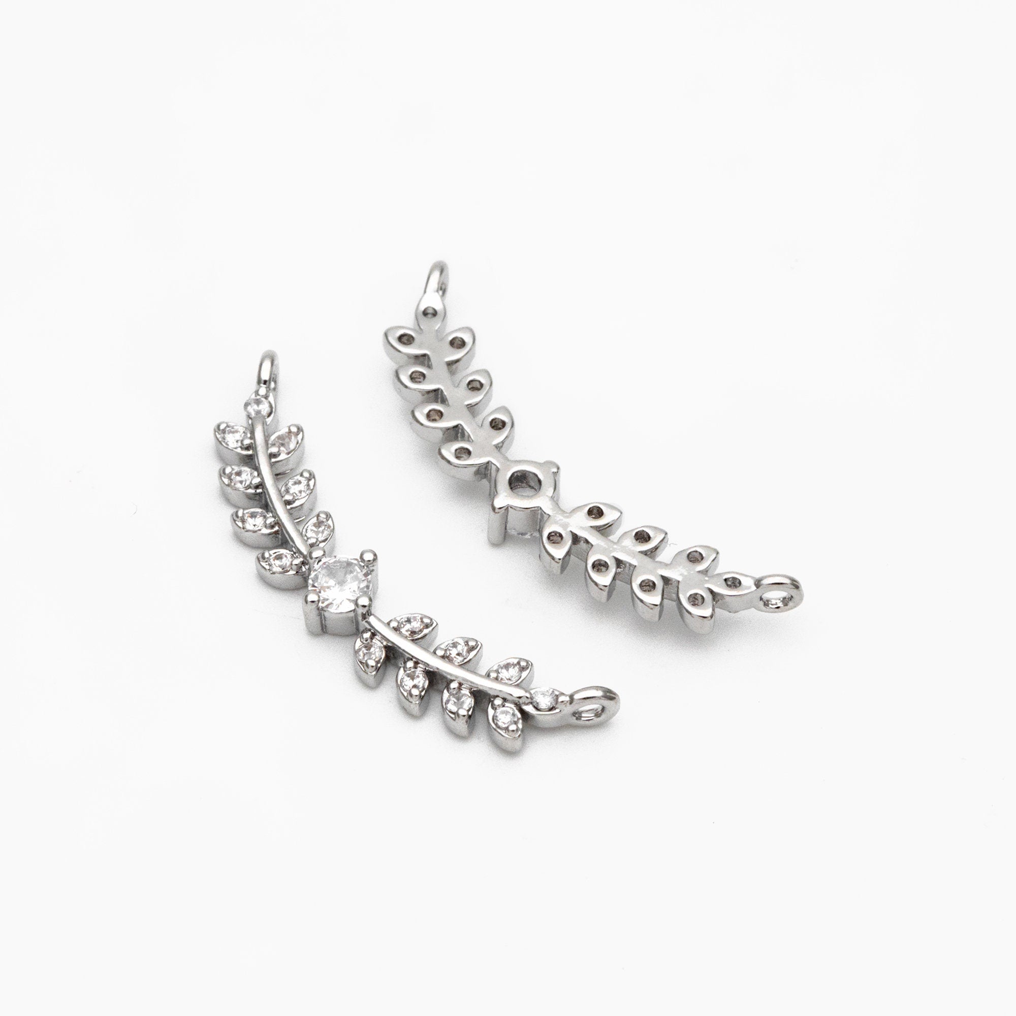 4pcs CZ Pave Gold/ Silver Leaf Charm Connector 26x9mm, Gold/ Rhodium plated Brass, Cubic Zirconia Setting Diy Supplies (#GB-3669-C)