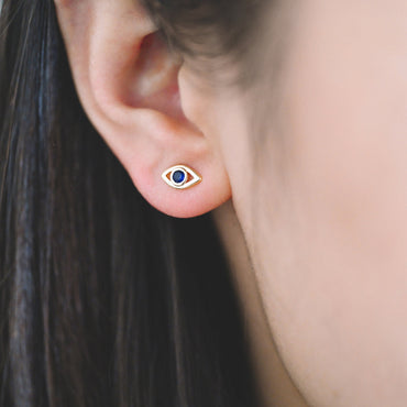 10pcs Blue CZ Pave Evil Eye Stud Earrings, Real Gold plated Brass, Cubic Zirconia Paved Eye Earrings (GB-3866)