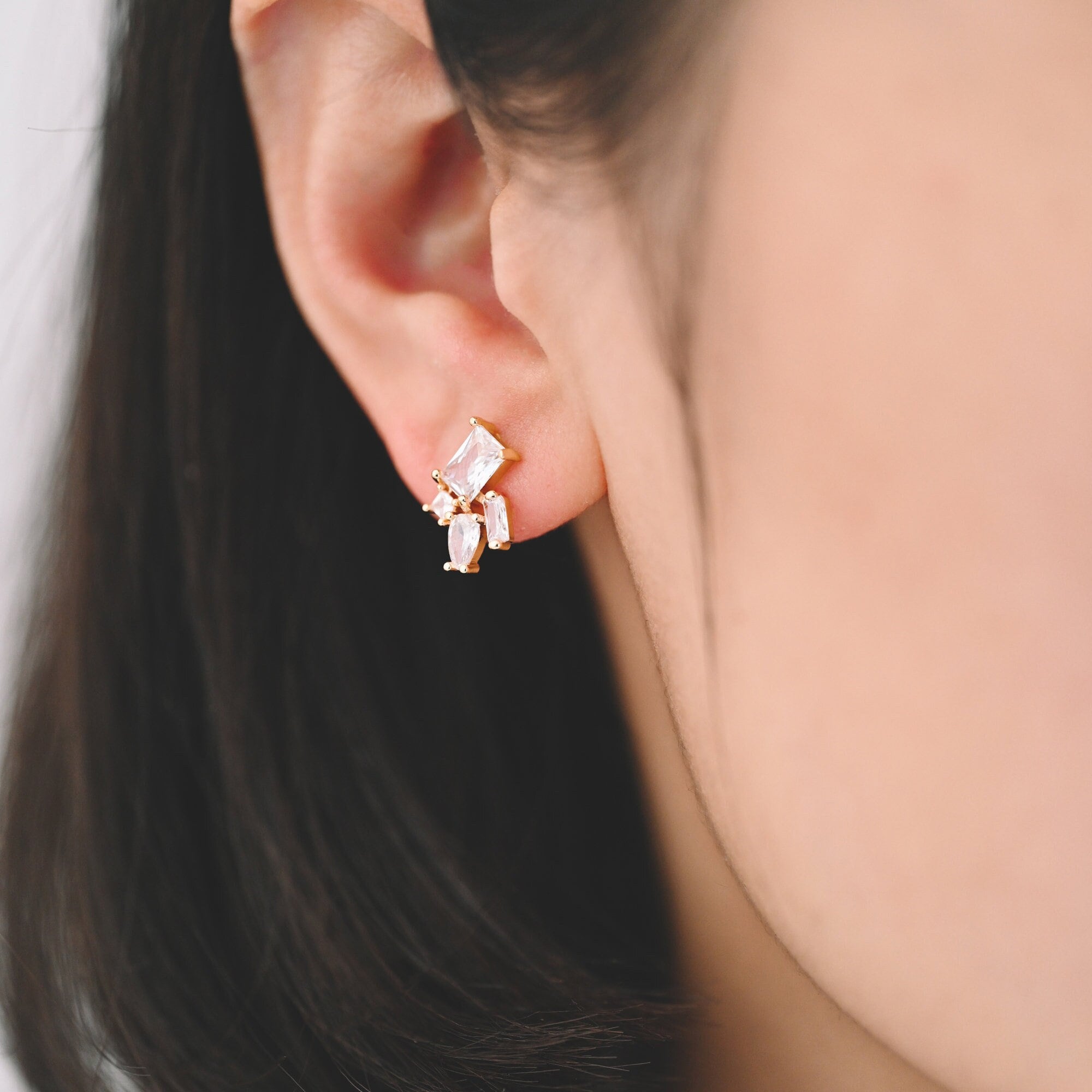 4pcs CZ Cluster Geometric Stud Earrings, 18K Gold Plated Brass, Cubic Zirconia Earrings (#GB-3633-C)