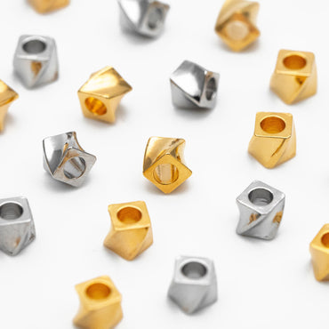 20pcs Gold/ Silver tone Twisted Cube Beads 4x3mm, Real Gold/ Rhodium plated Brass Cube Spacer Beads (GB-4263)