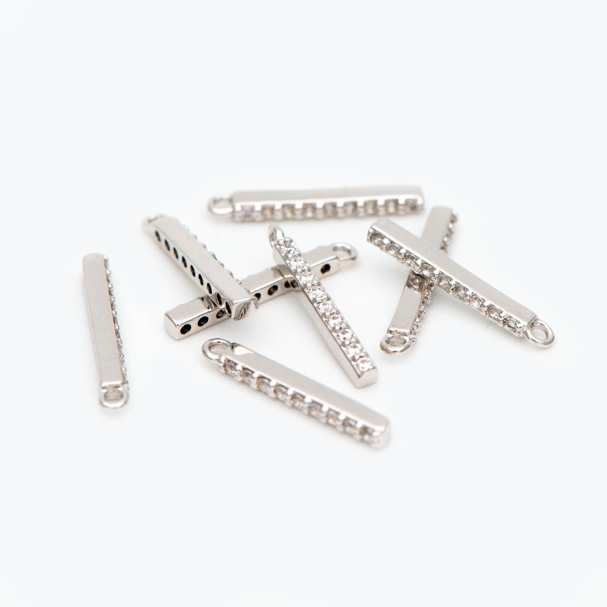 10pcs CZ Pave Gold/ Silver/ Rose Gold Bar Charms 13mm, Real Gold plated Brass, Cubic Zirconia Stick Charms (GB-996)