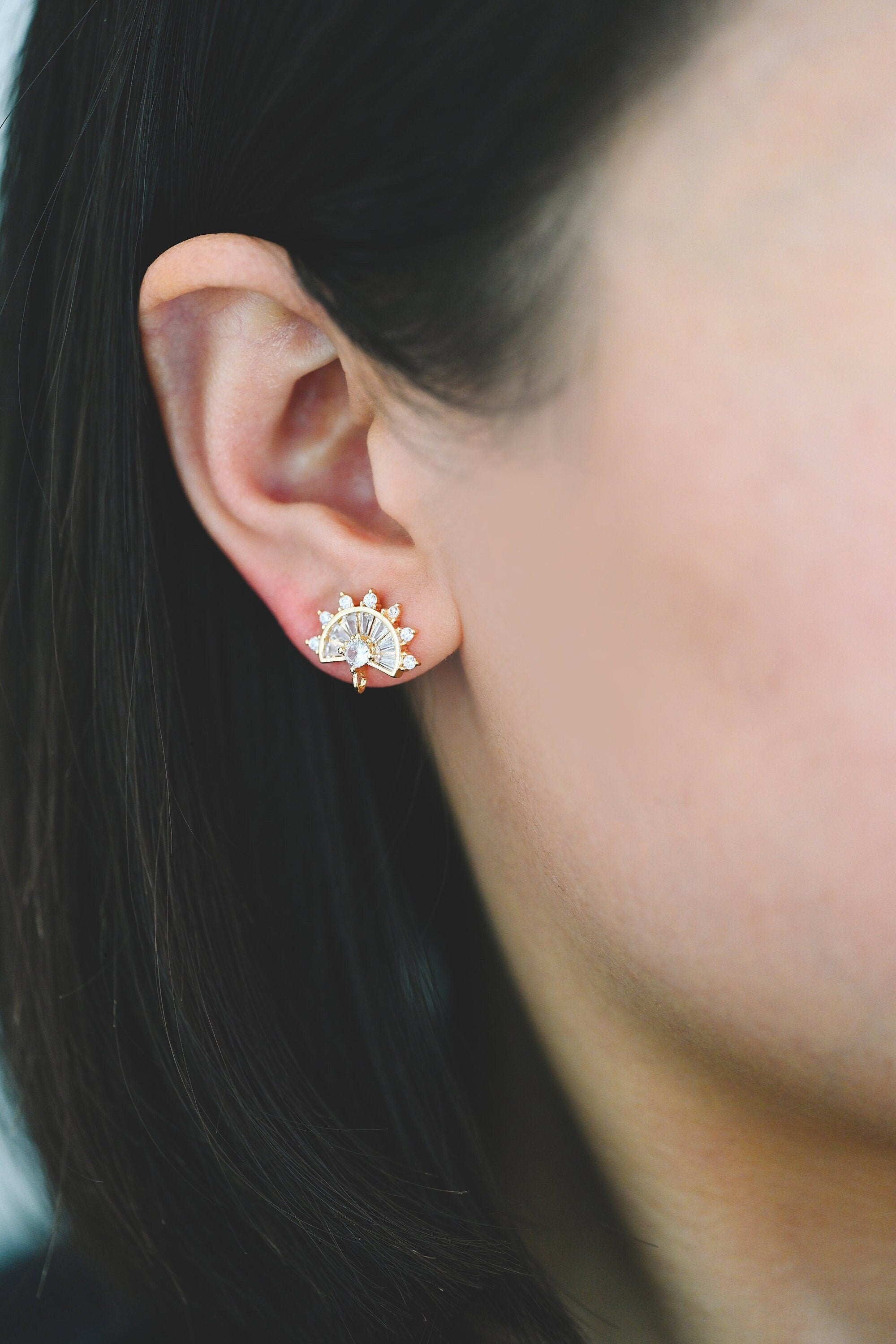 4pcs CZ Pave Gold Fan Shape Earring with Loop, Gold Plated Brass Fan Stud Earrings (#GB-4116)