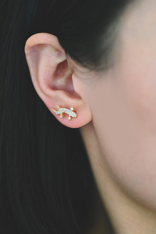 4pcs CZ Pave Gold Gecko Climber Earrings, 18K Gold plated Brass, Lizard Crawler Earrings (GB-4131)