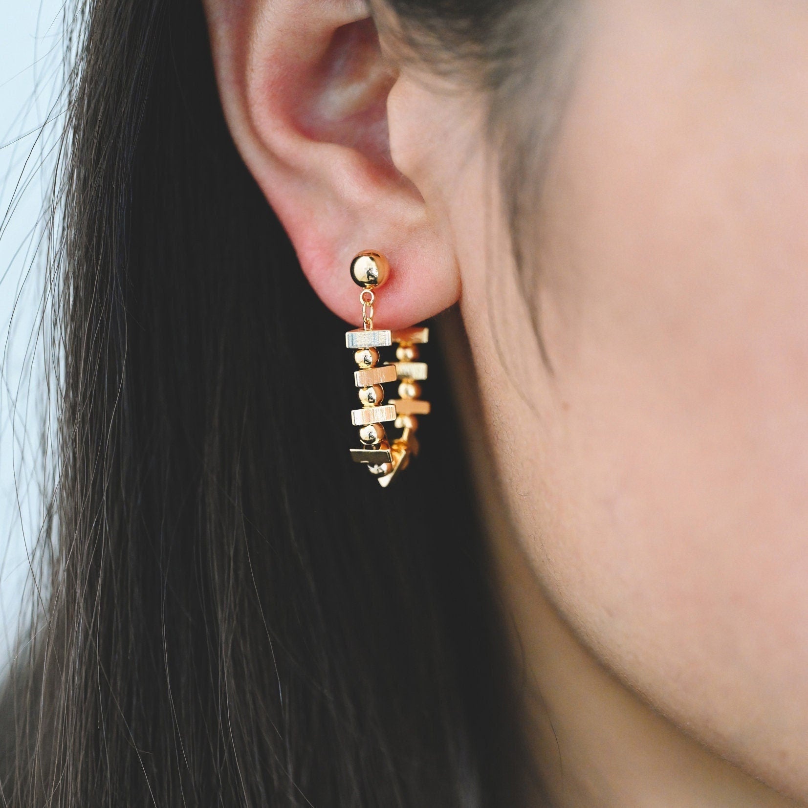 4pcs Gold Triangle Bead Chain Ear Post with Ear Back, Real Gold Plated Brass Chain Earring Studs (GB-3346)