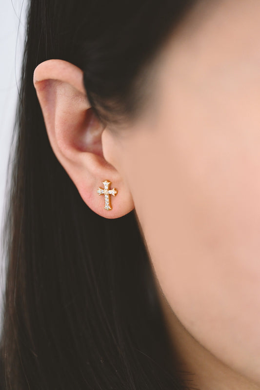 4pcs CZ Pave Gold Cross Earrings 10x8mm, Gold Plated Brass Small Cross Stud Earring (#GB-3637-D)