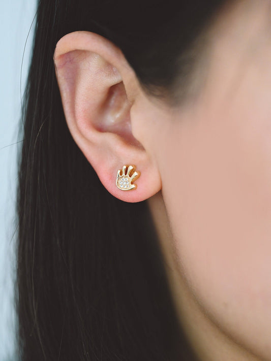 10pcs CZ Pave Gold Hand Earrings 9mm, Gold Plated Brass, Dainty Gesture Stud Earrings (GB-4248)