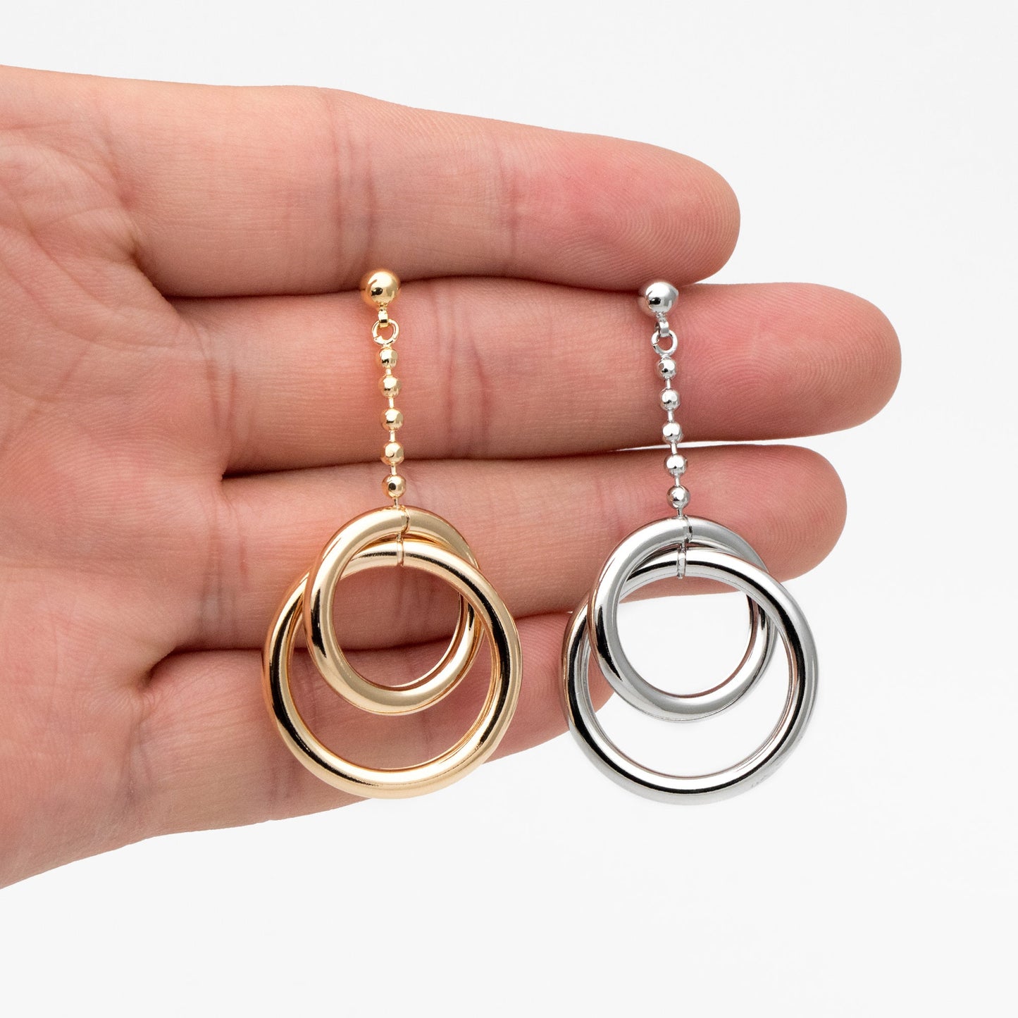 4pcs Gold/ Silver tone Double Circle Earrings, Gold Plated Brass Drop Earrings, Long Dangle Earring (GB-4297)