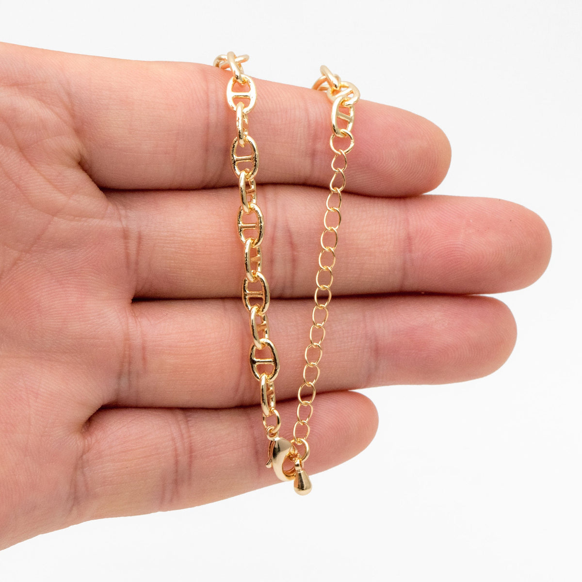 Gold Mariner Anchor Link Chain 4.8mm, Finished Bracelet/ Anklet/ Necklace with Extender Chain, Ready to Wear (#LK-334-4.8)