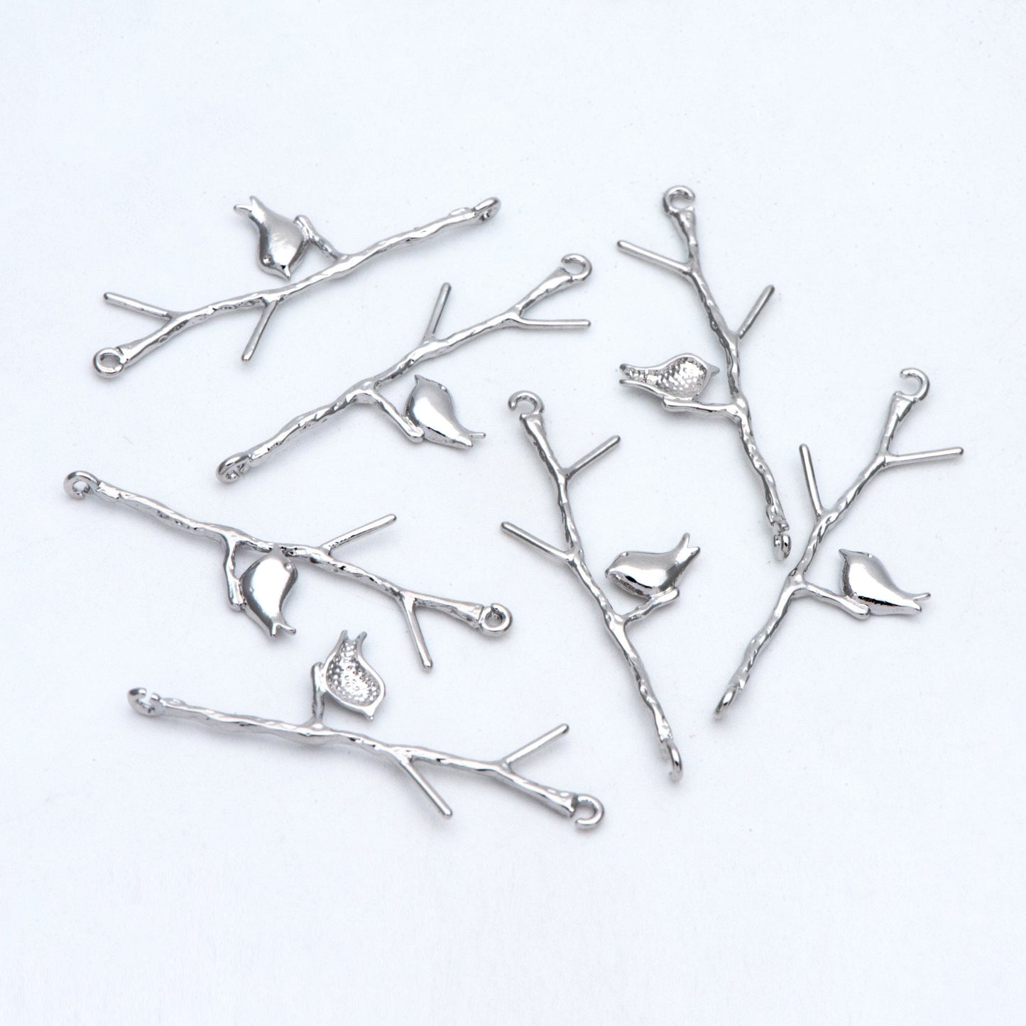 10pcs Gold/ Silver Tone Bird on Tree Pendants 33x12mm, Gold/ Rhodium plated Brass Branch Connectors, Leaf Charms with Two Loops (GB-3622-C)