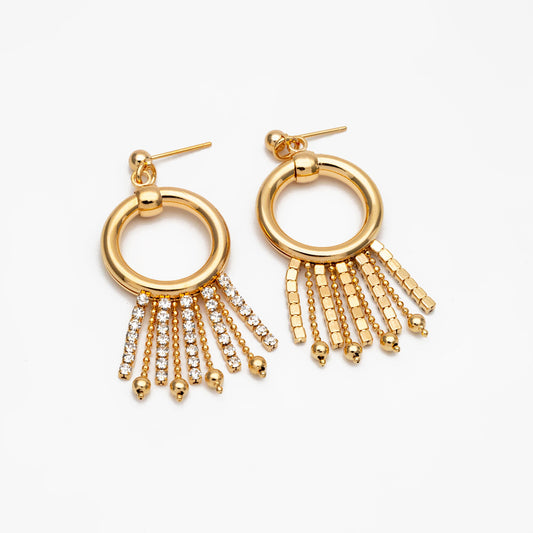 4pcs Gold/ Silver tone Circle Hoop Tassel Earrings 54x22mm, 18K Gold/ Rhodium plated Brass Dangling Stud Earring (GB-4300)