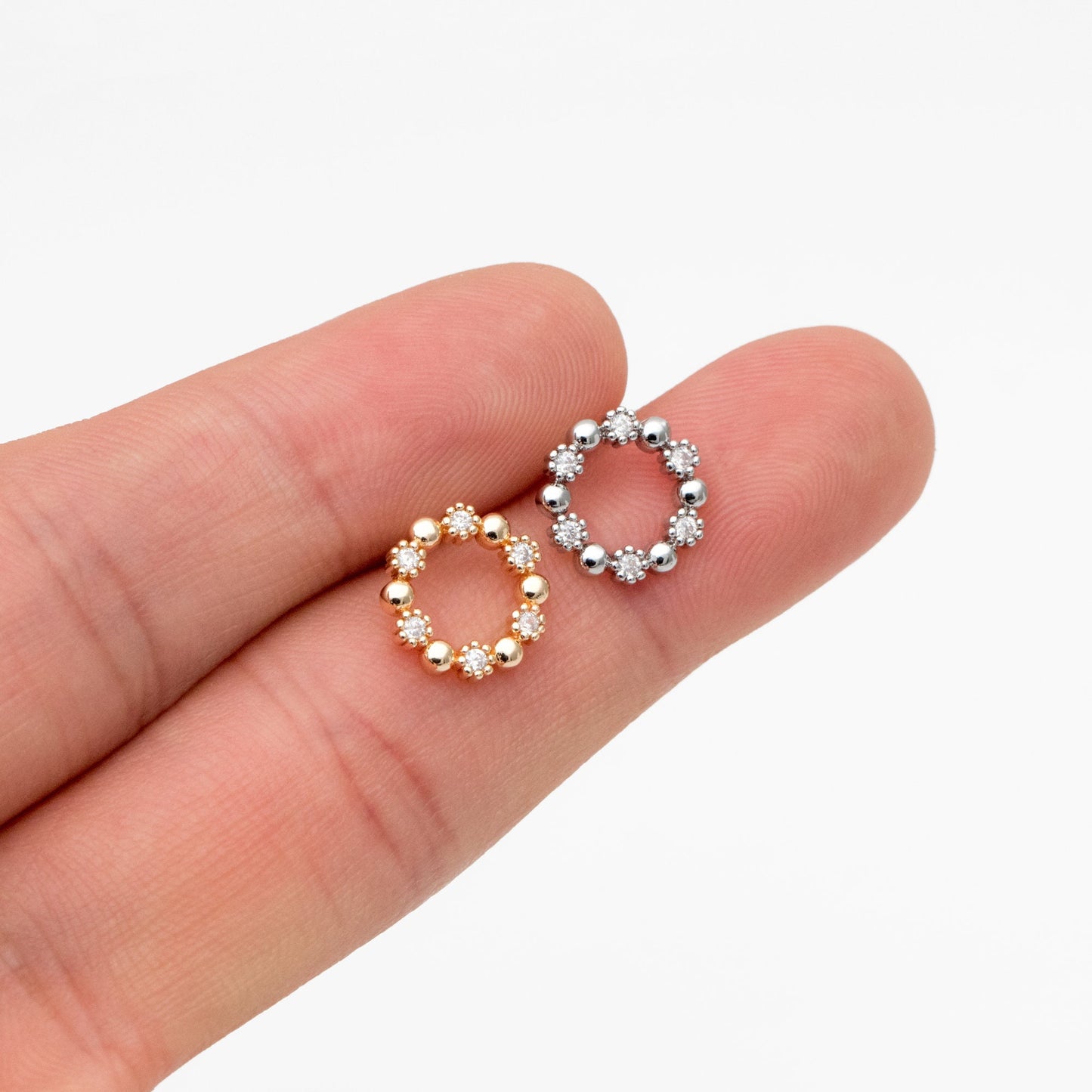 10pcs CZ Pave Gold/ Silver Round Circle Stud Earrings, Gold/ Rhodium plated Brass, 10mm Hoop Stud Earrings (GB-4309)