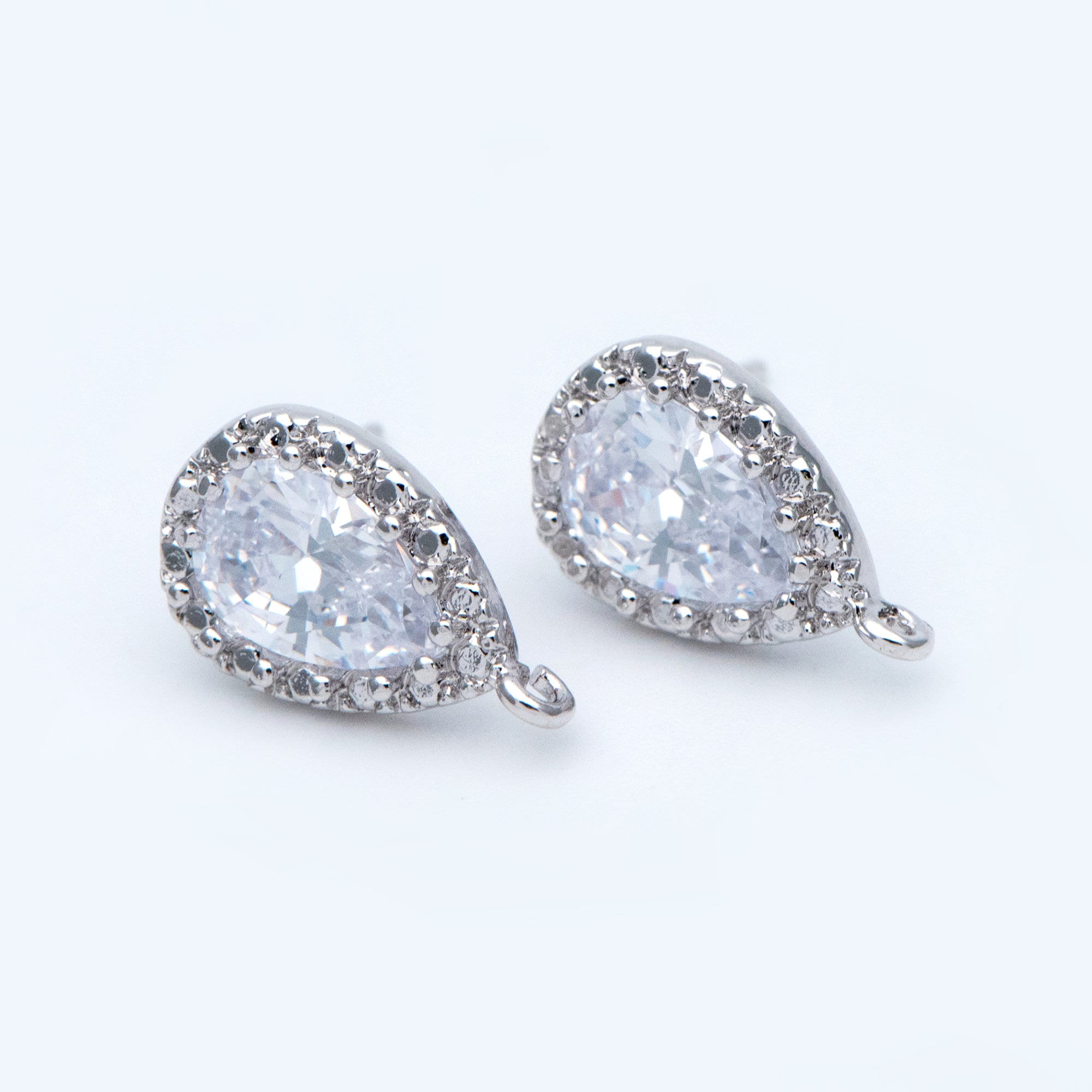 10pcs Gold/ Silver tone Teardrop Stud Earrings with Loop, CZ Pave Ear Posts 15x9mm, Gold/ Rhodium plated Brass Earring Findings (#GB-962)