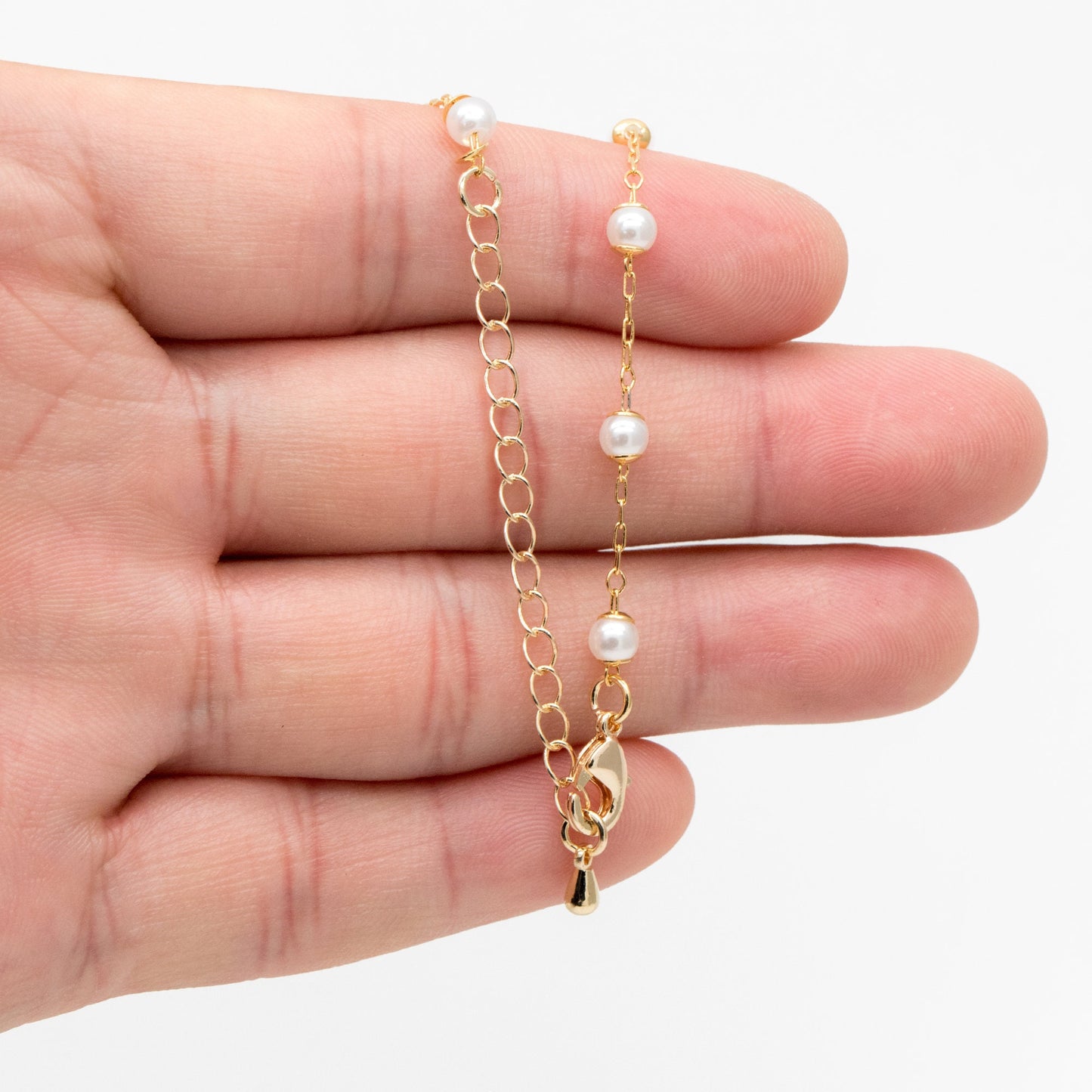 Gold Faux Pearl Beaded Chain, Finished Bracelet/ Anklet/ Necklace with Extender Chain, Ready to Wear (#LK-505)