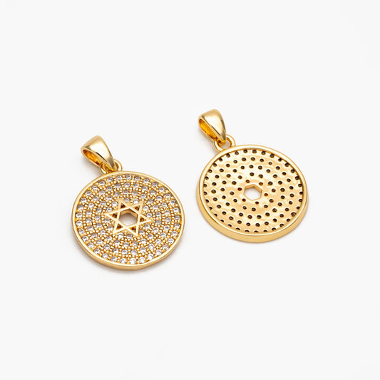 2pcs CZ Micro Pave Gold Round Charms 16x22mm, Hexagram Pattern Coin Necklace Pendants (GB-188)