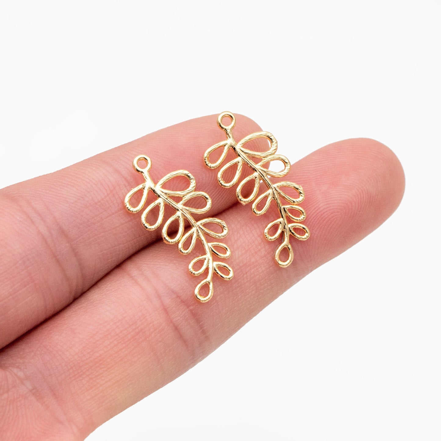 10pcs Gold Leaf Charms 24mm, Real Gold plated Brass Branch Pendants (GB-120-B)