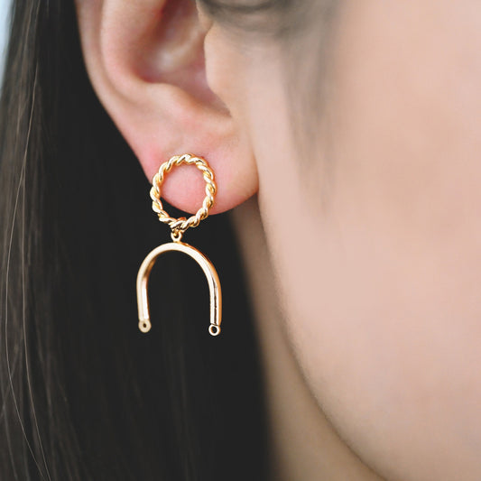 4pcs Gold Twist Hoop Stud Earrings with U-shaped Connector, Gold plated Brass Earpost Findings (GB-3864)
