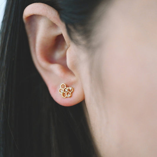 10pcs CZ Pave Gold Honeycomb Earring,Honey Comb Minimalist Earrings. Dainty Geometric earrings (GB-3896-A)