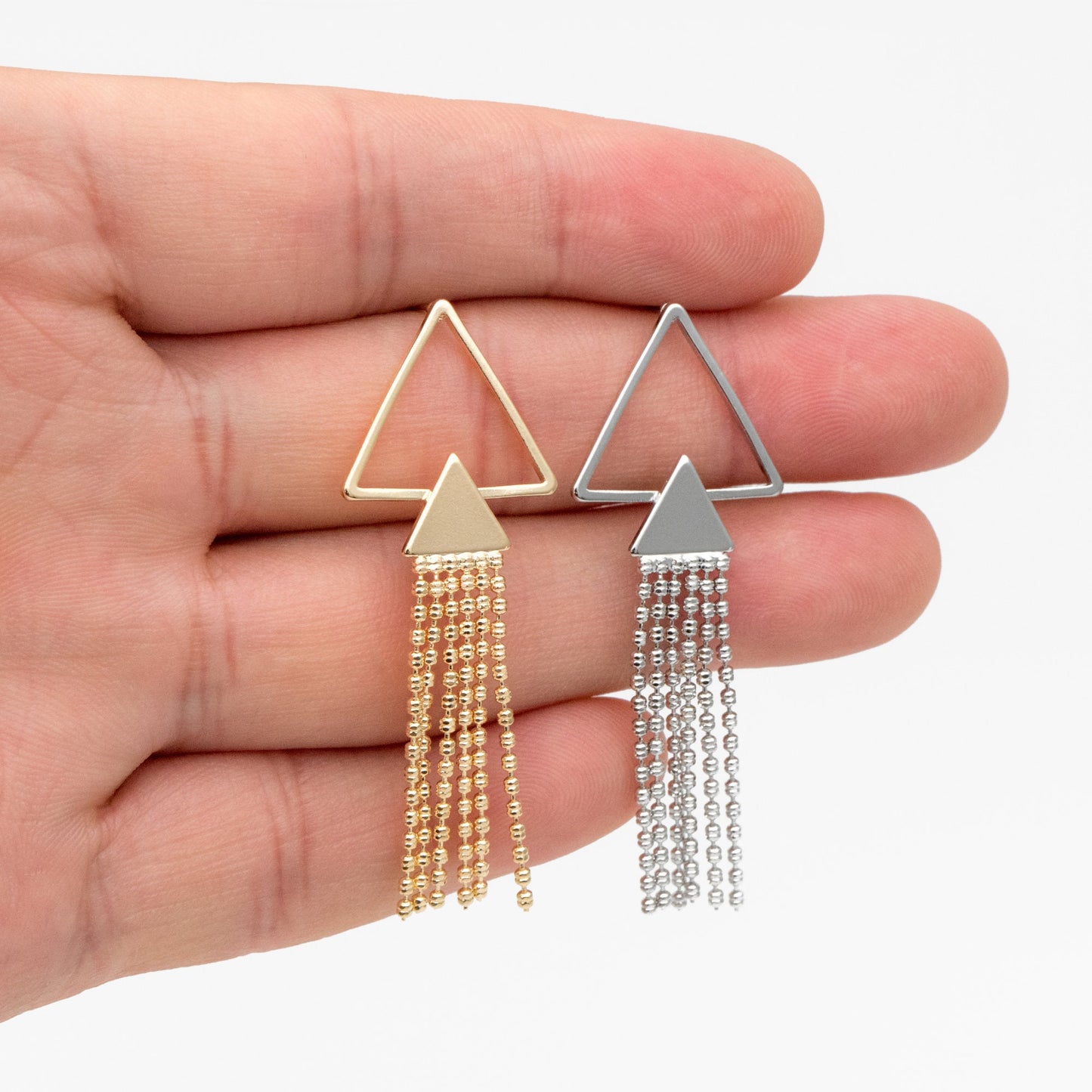 4pcs Gold/ Silver tone Triangle Tassel Earrings 50x18mm, 18K Gold/ Rhodium plated Brass Dangling Stud Earring (GB-4314)