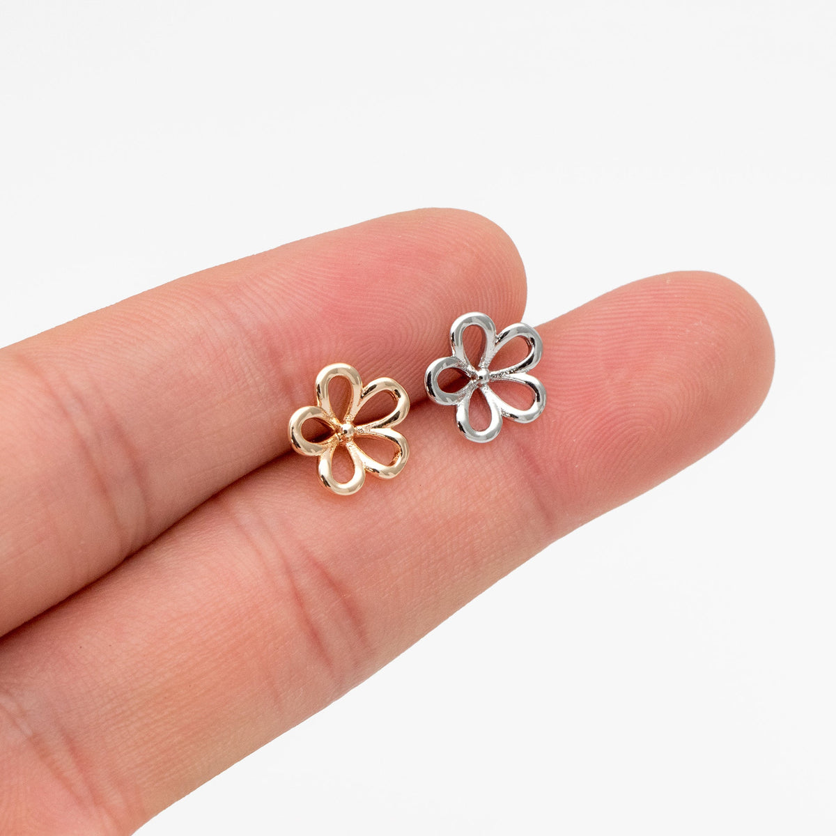 10pcs Gold/ Silver Tone Hollow Flower Stud Earring, Gold/ Rhodium Plated Brass Dainty Earrings (GB-4323-C)
