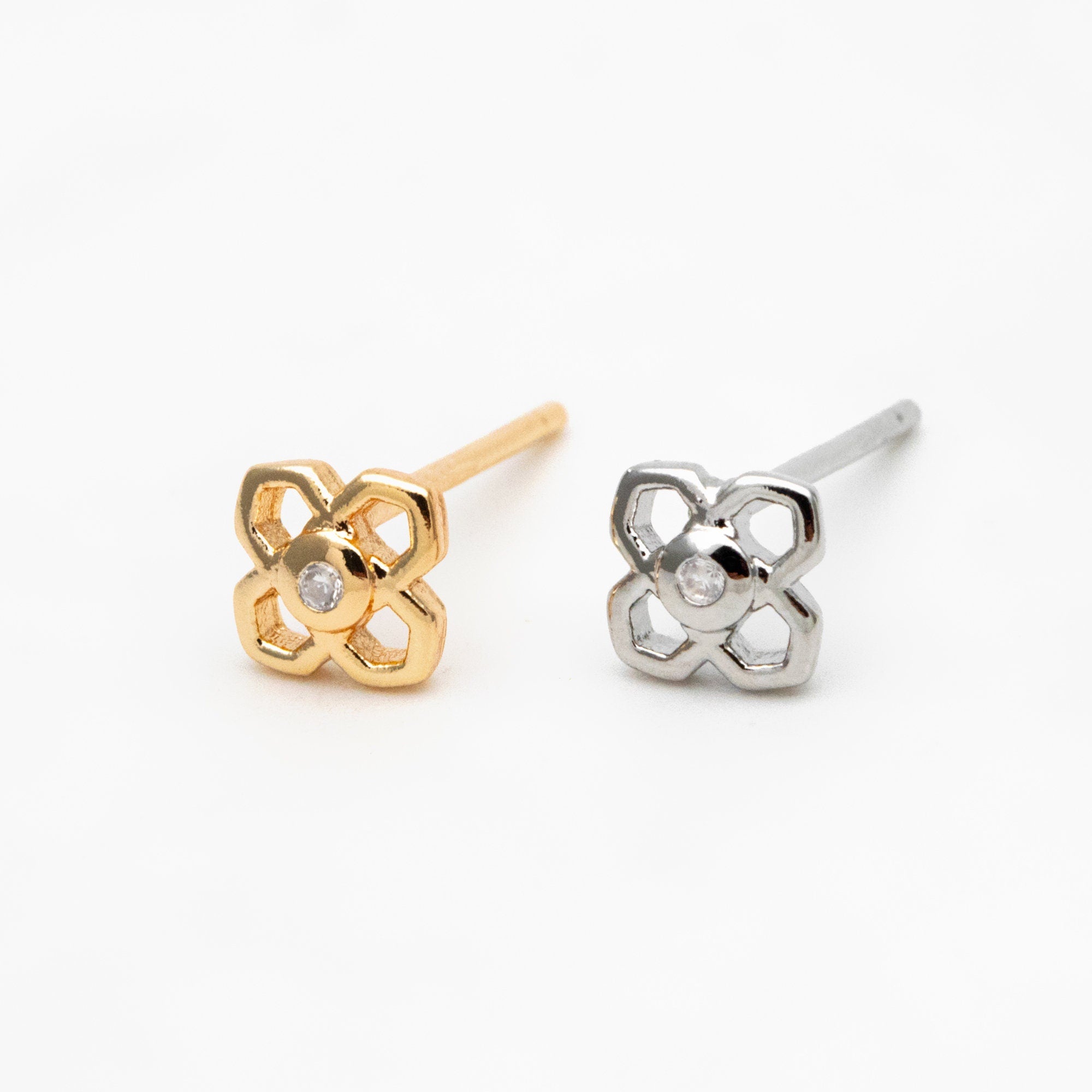 10pcs CZ paved Gold/ Silver Flower Earrings, 5mm, Gold/ Rhodium Plated Brass Dainty Stud Earrings, DIY Ear Findings (GB-3381-F)