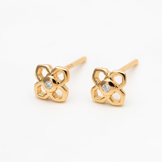 10pcs CZ paved Gold/ Silver Flower Earrings, 5mm, Gold/ Rhodium Plated Brass Dainty Stud Earrings, DIY Ear Findings (GB-3381-F)