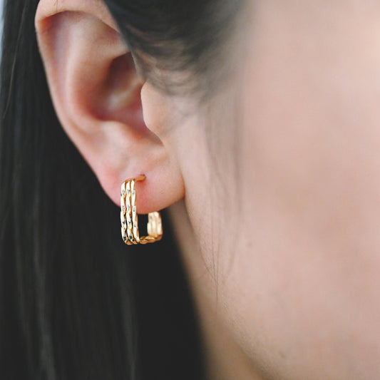 4pcs Gold Triple Band Square Earrings, 18K Real Gold Plated Brass, Geometric Earring Studs (GB-4057)
