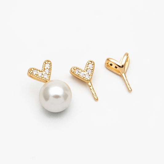 10pcs CZ Pave Gold Heart Bail, Real Gold plated Brass, Peg For Half Drilled Pearl Mounts, Peg Pearl Findings (GB-4280)