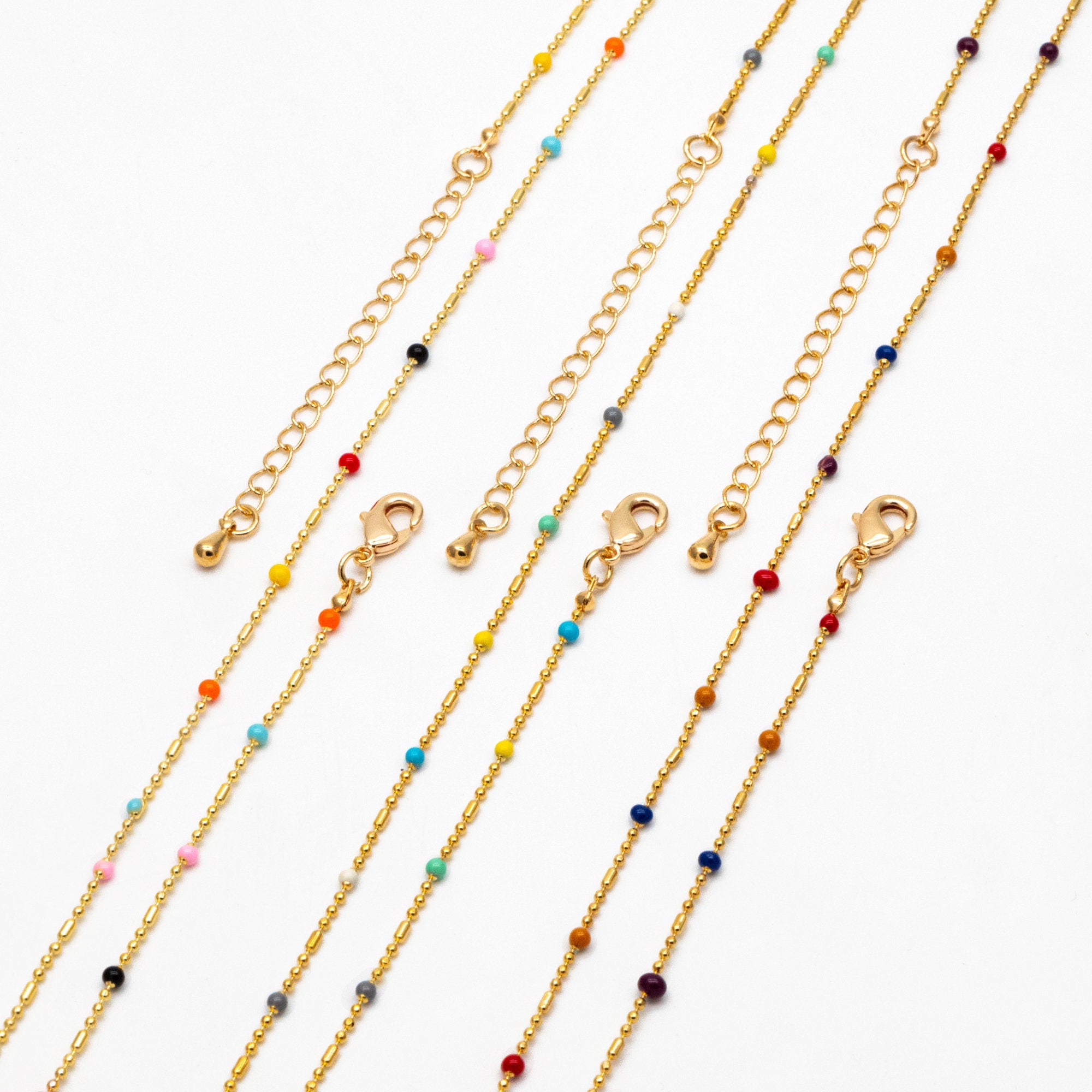 Gold Mix Color Enamel Beaded Chains 2mm, Finished Bracelet/ Anklet/ Necklace with Extender Chain, Ready to Wear (#LK-579)