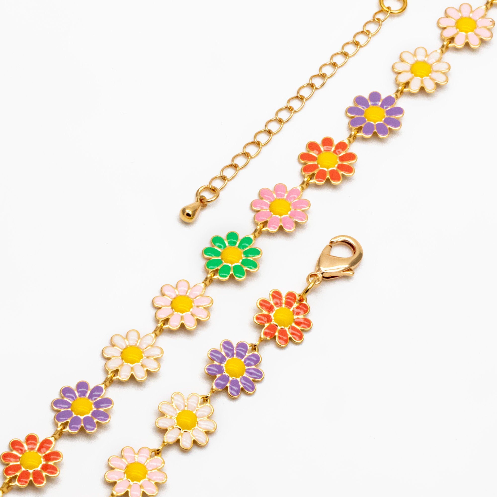 Gold plated Enamel Daisy Chain, Finished Bracelet/ Anklet/ Necklace with Extender Chain, Adjustable Rainbow Jewelry, Ready to Wear (#LK-580)