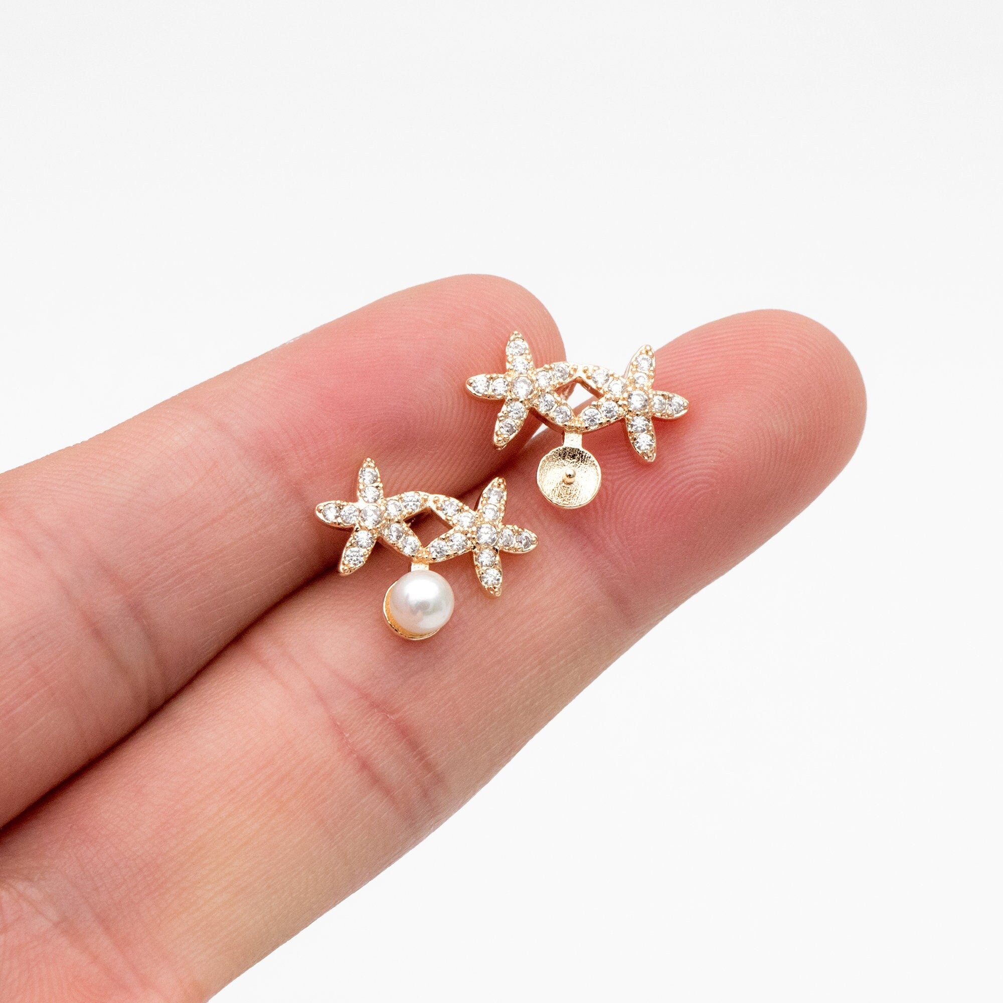 4pcs Gold CZ Pave Flower Earring, Star Earring, Pearl Peg Earring Mounts,Half Drilled Pearl Post Earring Settings (#GB-4276)