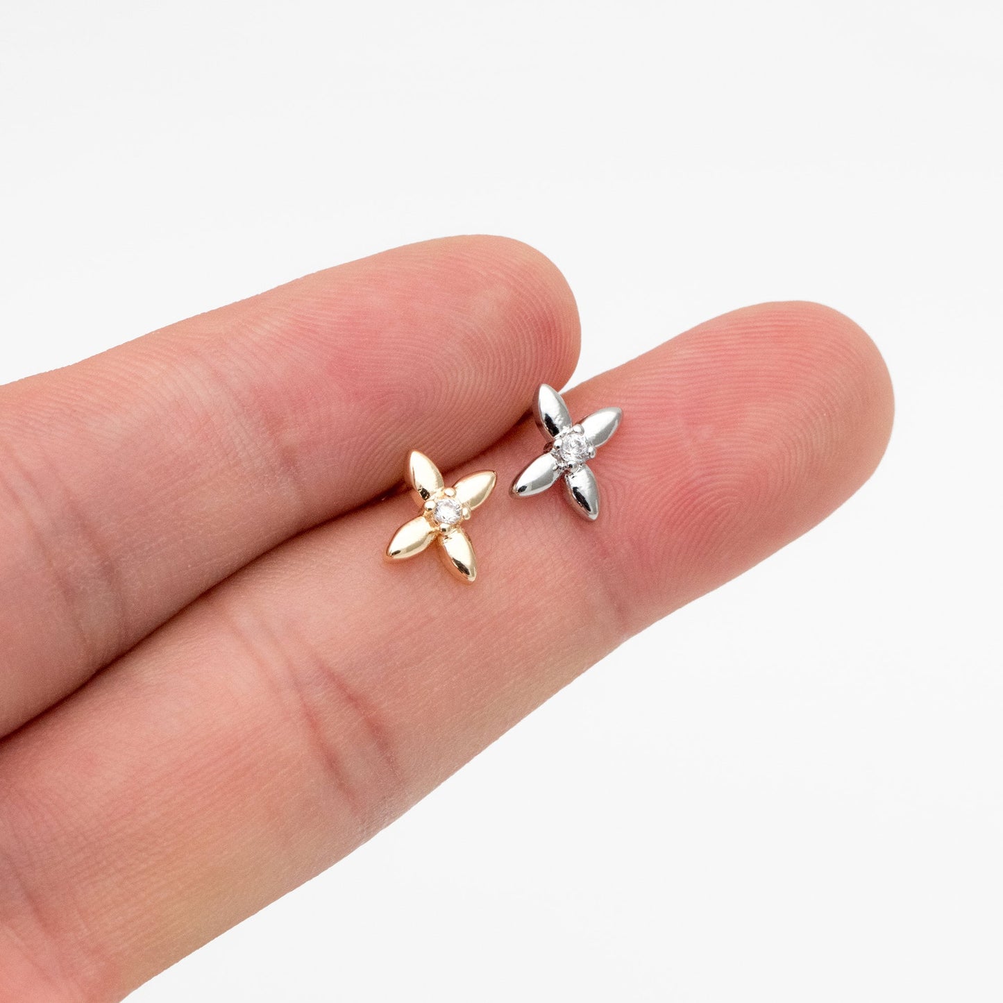 10pcs CZ Pave Gold/ Silver Tone Flower Earrings, Gold/ Rhodium Plated Brass, Dainty Flower Stud Earrings (GB-4332)