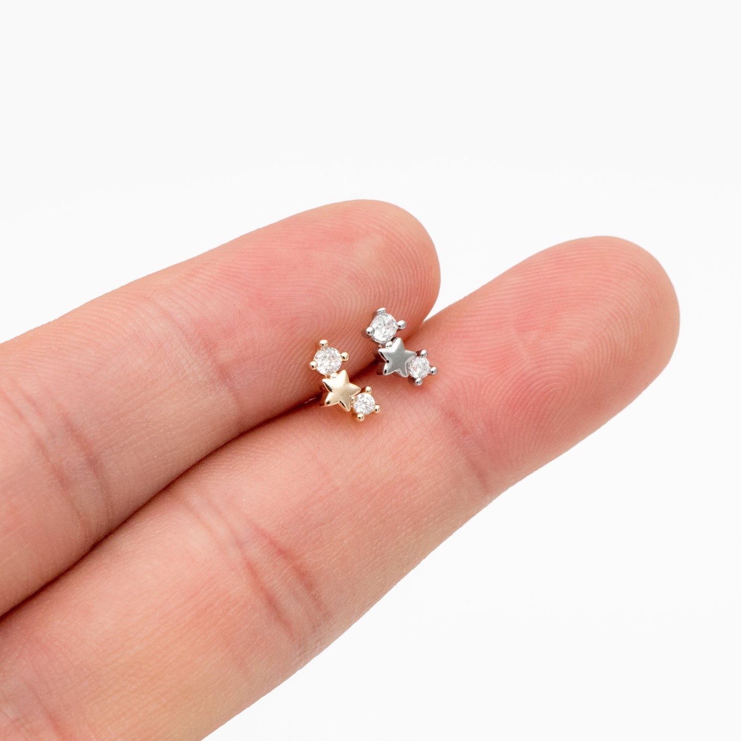 10pcs CZ Pave Gold/ Silver Tone Star Earrings, Gold/ Rhodium Plated Brass, Dainty Star Stud Earrings (GB-3041-I)