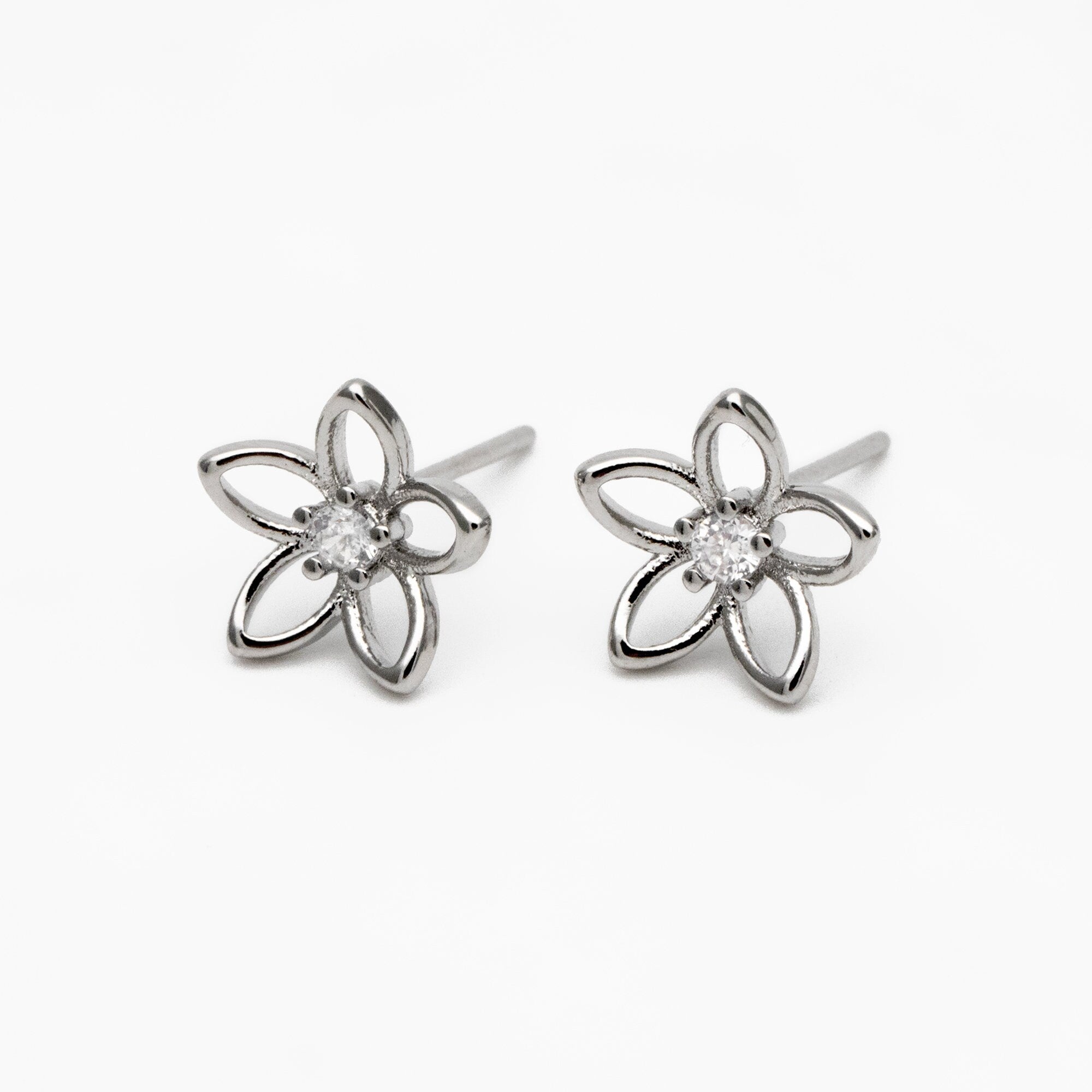 10pcs CZ Pave Gold/ Silver Hollow Flower Earrings 10mm, Gold/ Rhodium Plated Brass Stud Earrings, Dainty Flower Earrings (GB-4323-A)