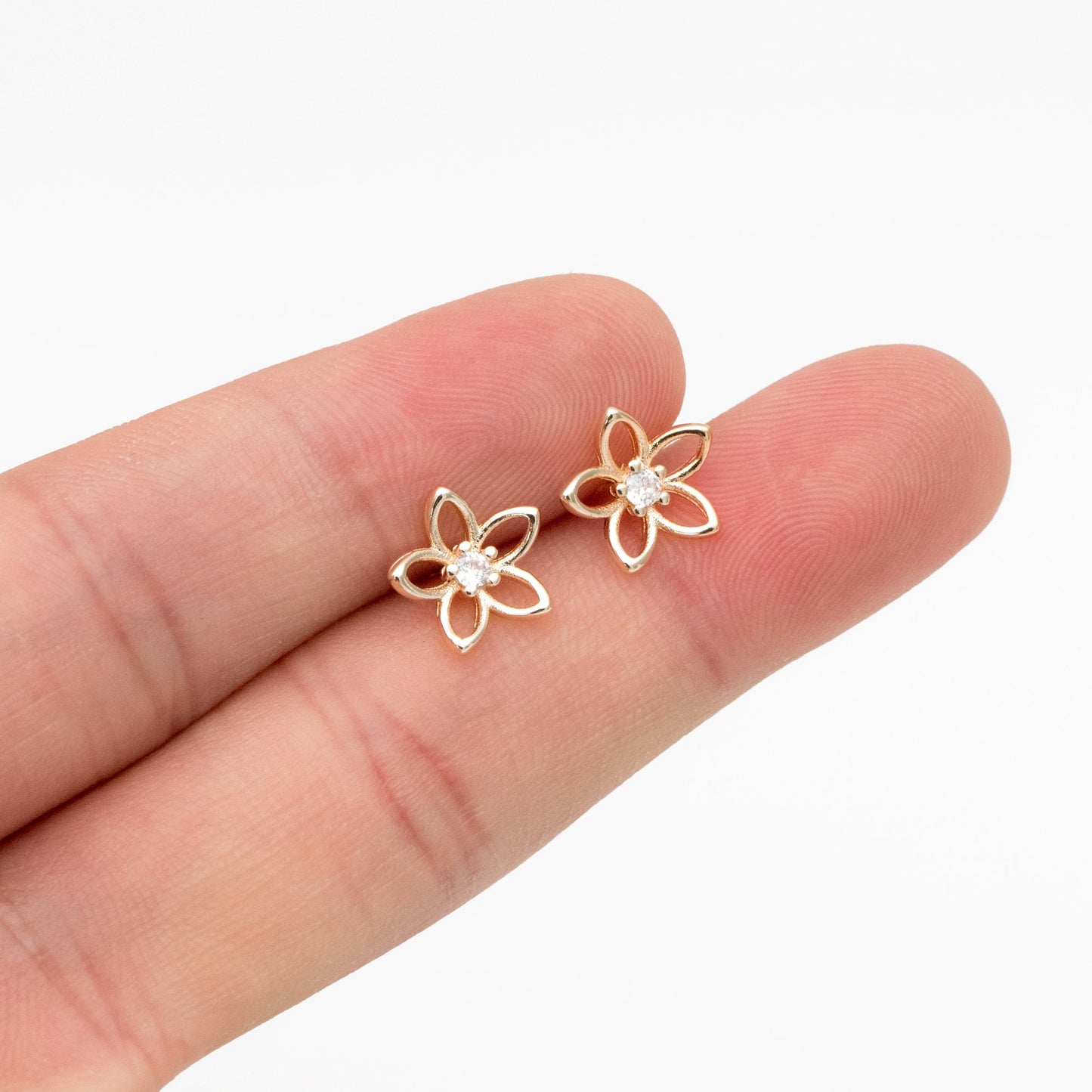 10pcs CZ Pave Gold/ Silver Hollow Flower Earrings 10mm, Gold/ Rhodium Plated Brass Stud Earrings, Dainty Flower Earrings (GB-4327)