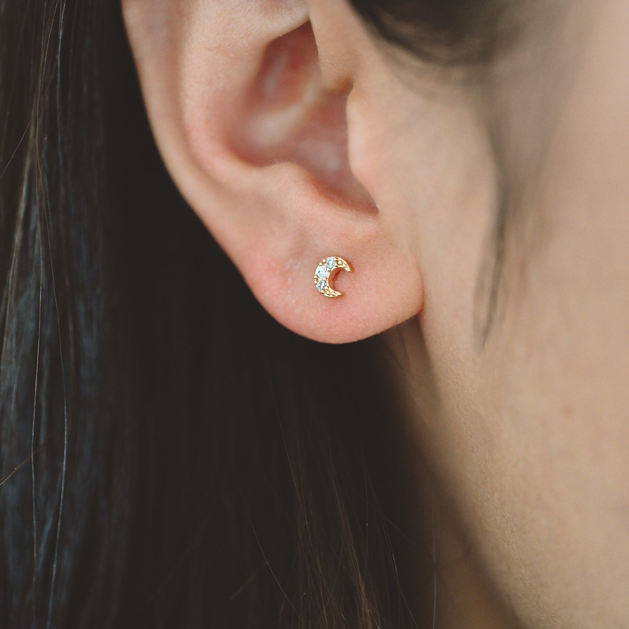 10pcs CZ Pave Moon Ear Posts 5mm, Real Gold Plated Brass Stud Earrings (#GB-3041-F)