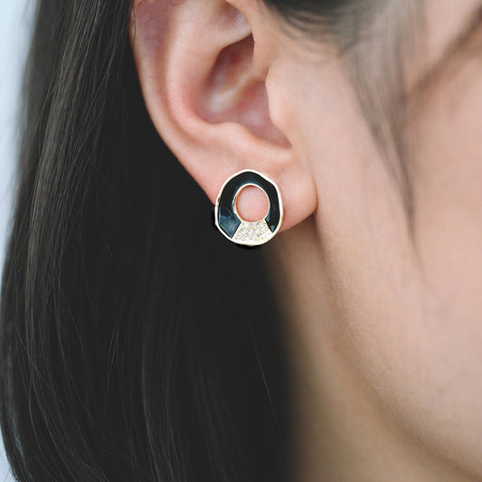 10pcs CZ pave Gold Circle Ear Posts, Black Enamel Geometric Stud Earrings with Loops, DIY Earring Findings (GB-1461-2)