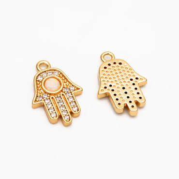 4pcs CZ Pave Gold Hamsa Hand Charm, Hand of Fatima/Miriam Charm, Gold pleted Brass Earring Findings (GB-3923-B)