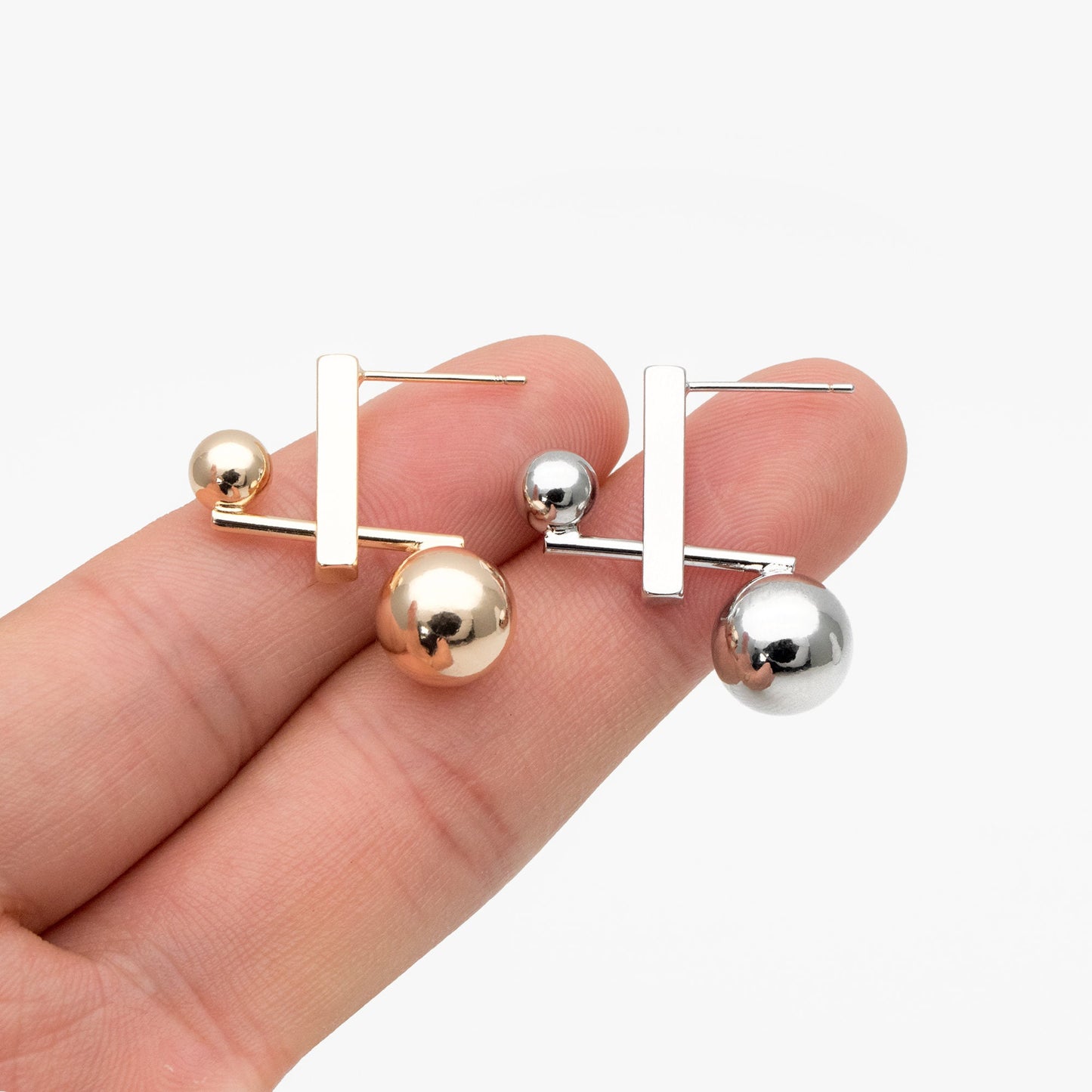 4pcs Gold/ Silver Sphere Bar Earrings, 18K Gold/ Rhodium Plated Brass Geometric Earrings (GB-4313)