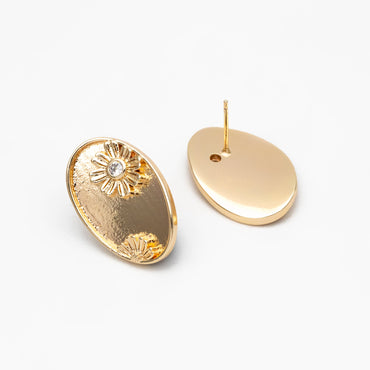 10pcs CZ Pave Gold Flower Oval Earrings, Gold Plated Brass, Dainty Geometric Stud Earrings (#GB-4318)